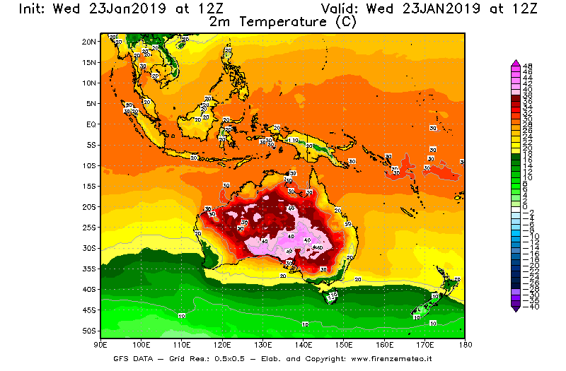 Mappa di analisi GFS - Temperatura a 2 metri dal suolo [°C] in Oceania
							del 23/01/2019 12 <!--googleoff: index-->UTC<!--googleon: index-->
