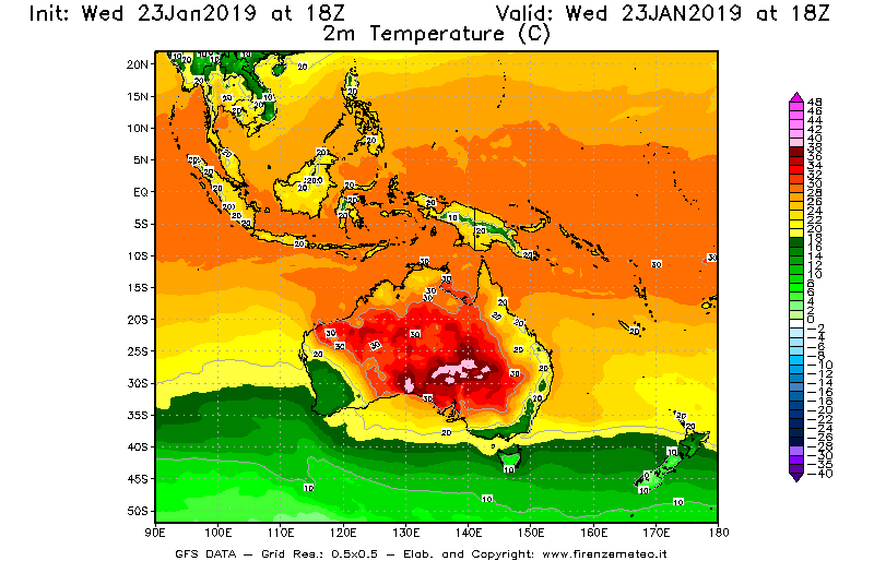 Mappa di analisi GFS - Temperatura a 2 metri dal suolo [°C] in Oceania
							del 23/01/2019 18 <!--googleoff: index-->UTC<!--googleon: index-->
