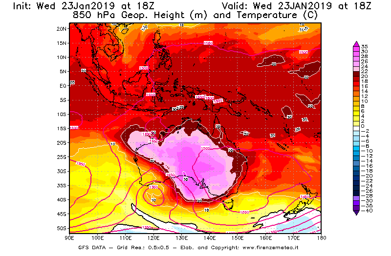 Mappa di analisi GFS - Geopotenziale [m] e Temperatura [°C] a 850 hPa in Oceania
							del 23/01/2019 18 <!--googleoff: index-->UTC<!--googleon: index-->