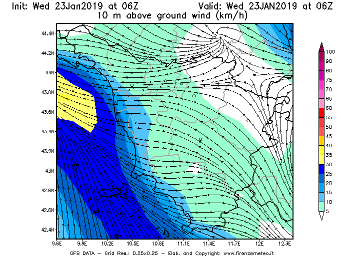 Mappa di analisi GFS - Velocità del vento a 10 metri dal suolo [km/h] in Toscana
							del 23/01/2019 06 <!--googleoff: index-->UTC<!--googleon: index-->