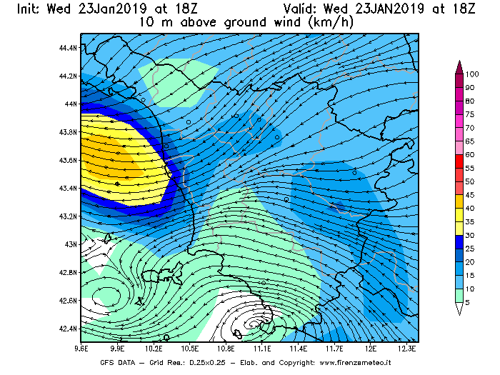 Mappa di analisi GFS - Velocità del vento a 10 metri dal suolo [km/h] in Toscana
							del 23/01/2019 18 <!--googleoff: index-->UTC<!--googleon: index-->
