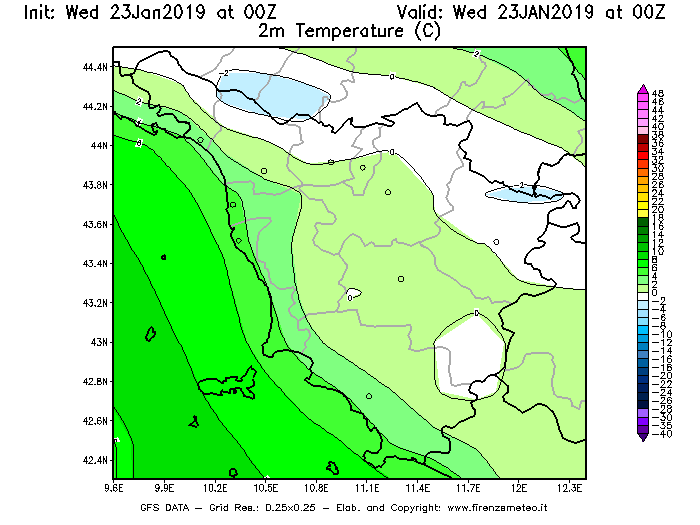Mappa di analisi GFS - Temperatura a 2 metri dal suolo [°C] in Toscana
							del 23/01/2019 00 <!--googleoff: index-->UTC<!--googleon: index-->