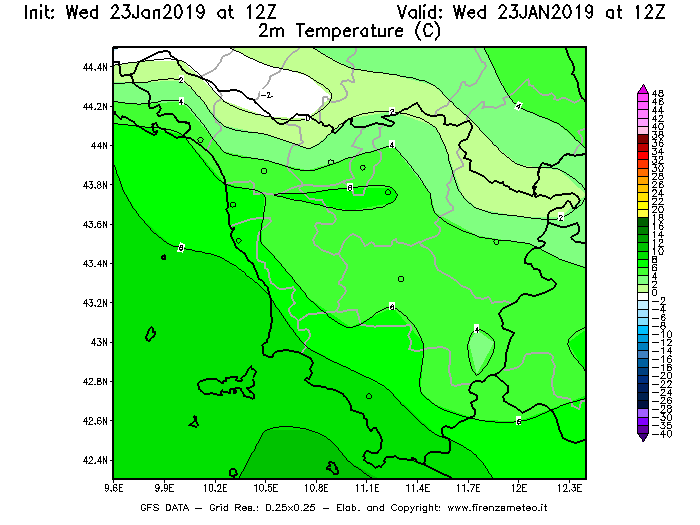 Mappa di analisi GFS - Temperatura a 2 metri dal suolo [°C] in Toscana
							del 23/01/2019 12 <!--googleoff: index-->UTC<!--googleon: index-->