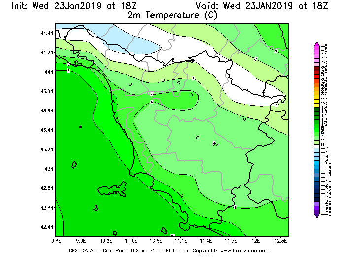 Mappa di analisi GFS - Temperatura a 2 metri dal suolo [°C] in Toscana
							del 23/01/2019 18 <!--googleoff: index-->UTC<!--googleon: index-->