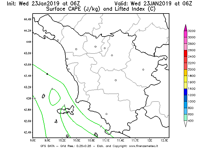 Mappa di analisi GFS - CAPE [J/kg] e Lifted Index [°C] in Toscana
							del 23/01/2019 06 <!--googleoff: index-->UTC<!--googleon: index-->
