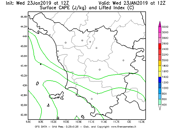 Mappa di analisi GFS - CAPE [J/kg] e Lifted Index [°C] in Toscana
							del 23/01/2019 12 <!--googleoff: index-->UTC<!--googleon: index-->