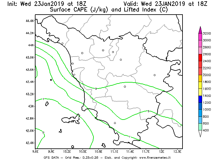 Mappa di analisi GFS - CAPE [J/kg] e Lifted Index [°C] in Toscana
							del 23/01/2019 18 <!--googleoff: index-->UTC<!--googleon: index-->