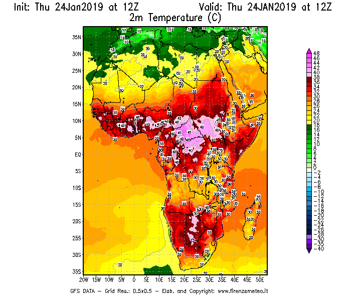 Mappa di analisi GFS - Temperatura a 2 metri dal suolo [°C] in Africa
									del 24/01/2019 12 <!--googleoff: index-->UTC<!--googleon: index-->