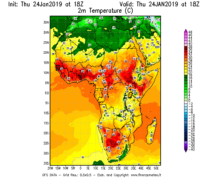 Mappa di analisi GFS - Temperatura a 2 metri dal suolo [°C] in Africa
									del 24/01/2019 18 <!--googleoff: index-->UTC<!--googleon: index-->