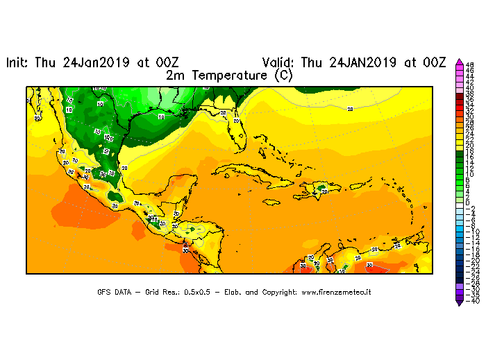 Mappa di analisi GFS - Temperatura a 2 metri dal suolo [°C] in Centro-America
							del 24/01/2019 00 <!--googleoff: index-->UTC<!--googleon: index-->