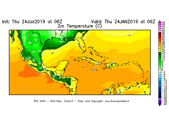 Mappa di analisi GFS - Temperatura a 2 metri dal suolo [°C] in Centro-America
							del 24/01/2019 06 <!--googleoff: index-->UTC<!--googleon: index-->