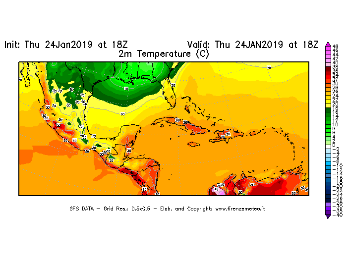Mappa di analisi GFS - Temperatura a 2 metri dal suolo [°C] in Centro-America
									del 24/01/2019 18 <!--googleoff: index-->UTC<!--googleon: index-->