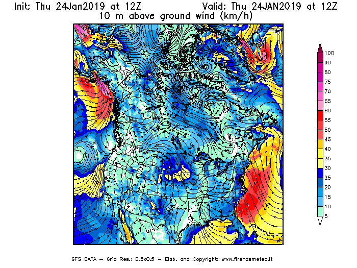Mappa di analisi GFS - Velocità del vento a 10 metri dal suolo [km/h] in Nord-America
							del 24/01/2019 12 <!--googleoff: index-->UTC<!--googleon: index-->