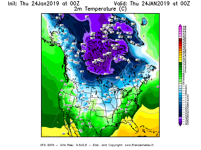 Mappa di analisi GFS - Temperatura a 2 metri dal suolo [°C] in Nord-America
									del 24/01/2019 00 <!--googleoff: index-->UTC<!--googleon: index-->