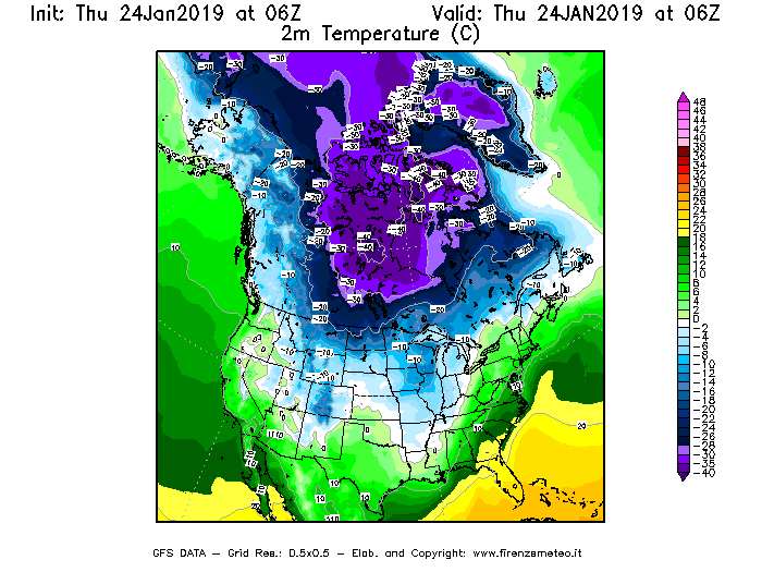 Mappa di analisi GFS - Temperatura a 2 metri dal suolo [°C] in Nord-America
									del 24/01/2019 06 <!--googleoff: index-->UTC<!--googleon: index-->