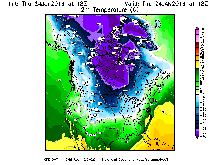 Mappa di analisi GFS - Temperatura a 2 metri dal suolo [°C] in Nord-America
							del 24/01/2019 18 <!--googleoff: index-->UTC<!--googleon: index-->