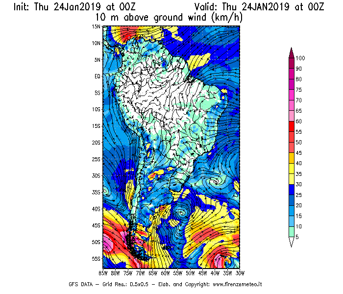 Mappa di analisi GFS - Velocità del vento a 10 metri dal suolo [km/h] in Sud-America
									del 24/01/2019 00 <!--googleoff: index-->UTC<!--googleon: index-->