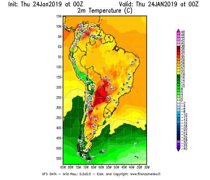 Mappa di analisi GFS - Temperatura a 2 metri dal suolo [°C] in Sud-America
									del 24/01/2019 00 <!--googleoff: index-->UTC<!--googleon: index-->