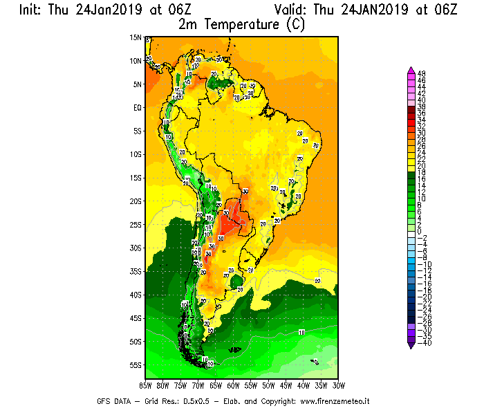 Mappa di analisi GFS - Temperatura a 2 metri dal suolo [°C] in Sud-America
							del 24/01/2019 06 <!--googleoff: index-->UTC<!--googleon: index-->