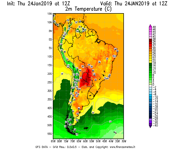 Mappa di analisi GFS - Temperatura a 2 metri dal suolo [°C] in Sud-America
							del 24/01/2019 12 <!--googleoff: index-->UTC<!--googleon: index-->