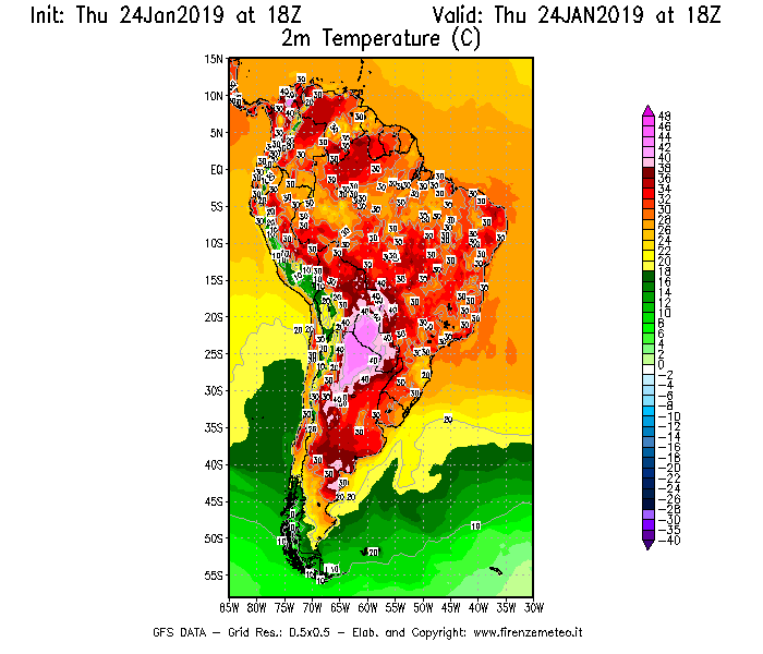 Mappa di analisi GFS - Temperatura a 2 metri dal suolo [°C] in Sud-America
									del 24/01/2019 18 <!--googleoff: index-->UTC<!--googleon: index-->