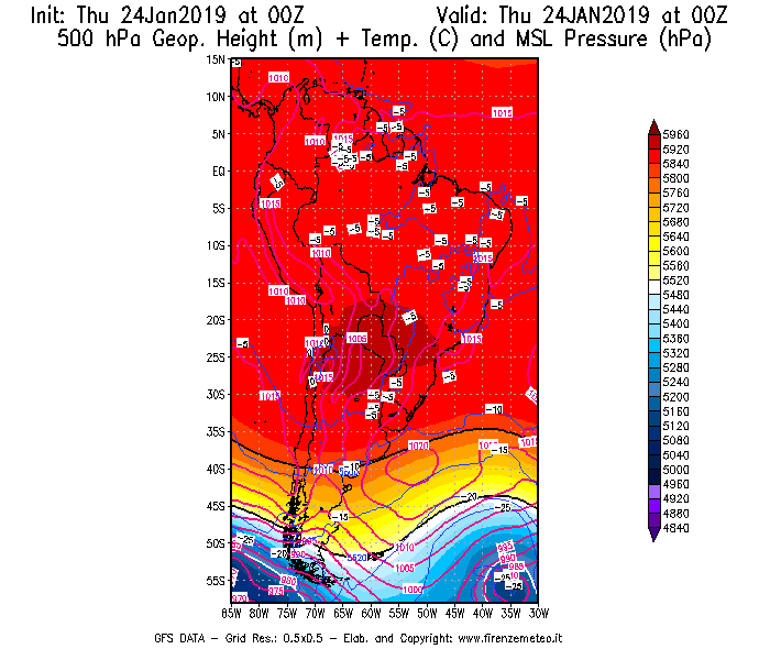 Mappa di analisi GFS - Geopotenziale [m] + Temp. [°C] a 500 hPa + Press. a livello del mare [hPa] in Sud-America
									del 24/01/2019 00 <!--googleoff: index-->UTC<!--googleon: index-->