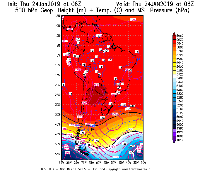 Mappa di analisi GFS - Geopotenziale [m] + Temp. [°C] a 500 hPa + Press. a livello del mare [hPa] in Sud-America
									del 24/01/2019 06 <!--googleoff: index-->UTC<!--googleon: index-->
