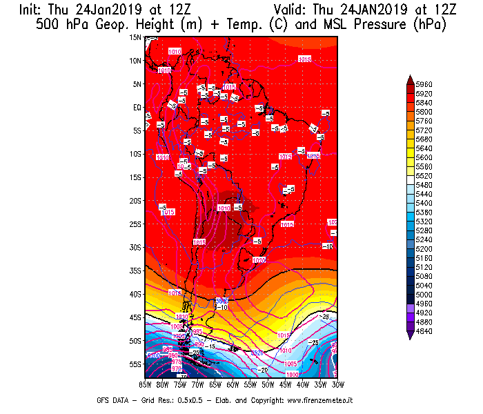 Mappa di analisi GFS - Geopotenziale [m] + Temp. [°C] a 500 hPa + Press. a livello del mare [hPa] in Sud-America
							del 24/01/2019 12 <!--googleoff: index-->UTC<!--googleon: index-->