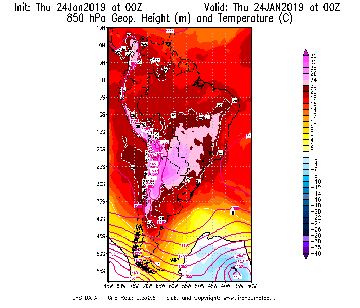 Mappa di analisi GFS - Geopotenziale [m] e Temperatura [°C] a 850 hPa in Sud-America
							del 24/01/2019 00 <!--googleoff: index-->UTC<!--googleon: index-->