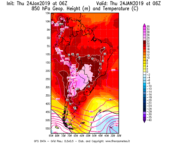 Mappa di analisi GFS - Geopotenziale [m] e Temperatura [°C] a 850 hPa in Sud-America
							del 24/01/2019 06 <!--googleoff: index-->UTC<!--googleon: index-->