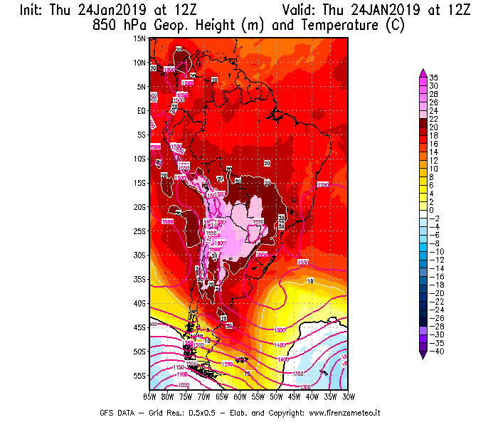 Mappa di analisi GFS - Geopotenziale [m] e Temperatura [°C] a 850 hPa in Sud-America
									del 24/01/2019 12 <!--googleoff: index-->UTC<!--googleon: index-->