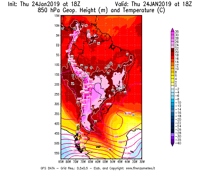 Mappa di analisi GFS - Geopotenziale [m] e Temperatura [°C] a 850 hPa in Sud-America
									del 24/01/2019 18 <!--googleoff: index-->UTC<!--googleon: index-->