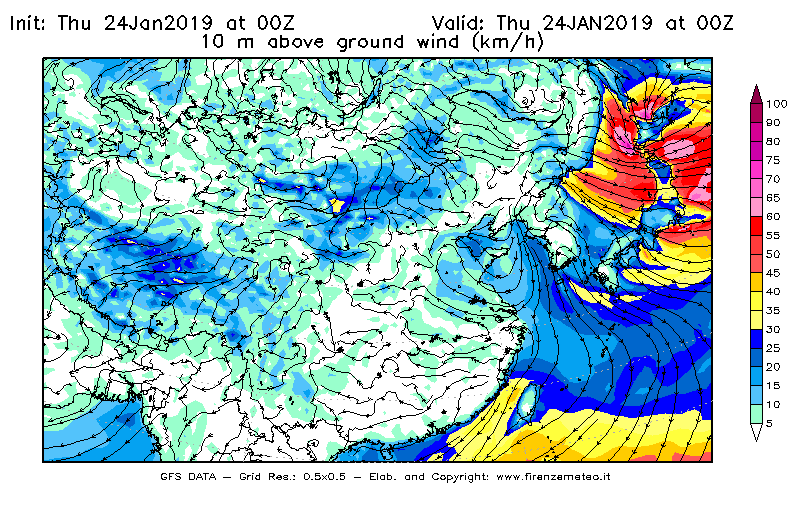 Mappa di analisi GFS - Velocità del vento a 10 metri dal suolo [km/h] in Asia Orientale
									del 24/01/2019 00 <!--googleoff: index-->UTC<!--googleon: index-->