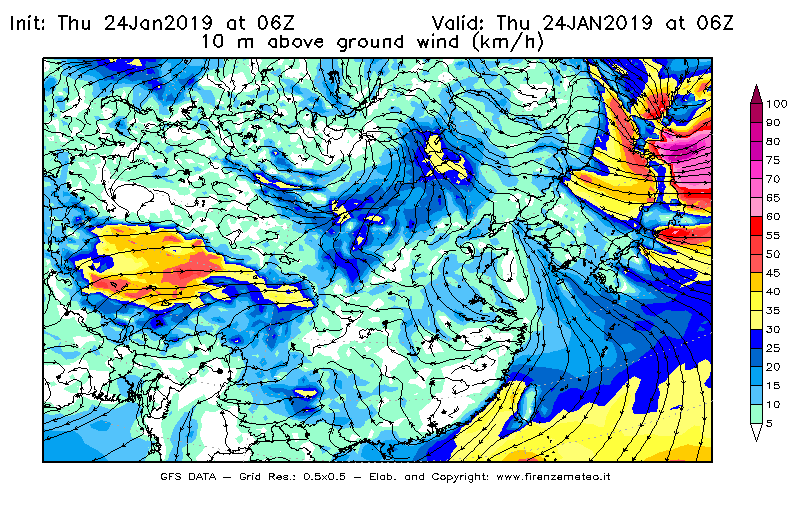 Mappa di analisi GFS - Velocità del vento a 10 metri dal suolo [km/h] in Asia Orientale
									del 24/01/2019 06 <!--googleoff: index-->UTC<!--googleon: index-->