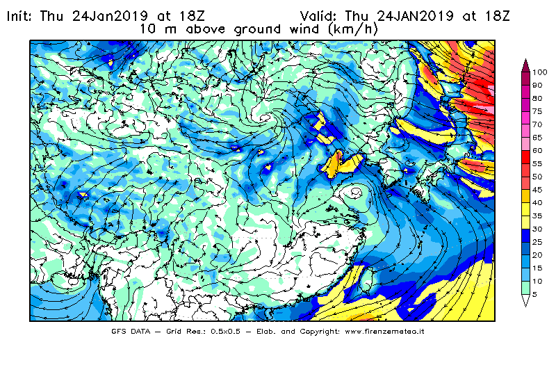 Mappa di analisi GFS - Velocità del vento a 10 metri dal suolo [km/h] in Asia Orientale
							del 24/01/2019 18 <!--googleoff: index-->UTC<!--googleon: index-->
