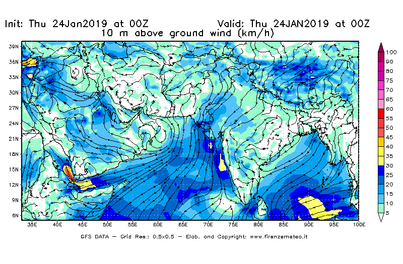 Mappa di analisi GFS - Velocità del vento a 10 metri dal suolo [km/h] in Asia Sud-Occidentale
							del 24/01/2019 00 <!--googleoff: index-->UTC<!--googleon: index-->