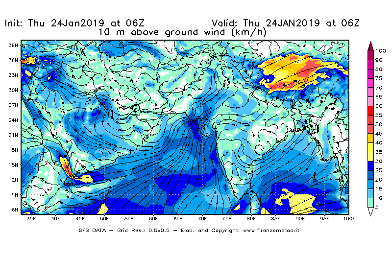 Mappa di analisi GFS - Velocità del vento a 10 metri dal suolo [km/h] in Asia Sud-Occidentale
							del 24/01/2019 06 <!--googleoff: index-->UTC<!--googleon: index-->