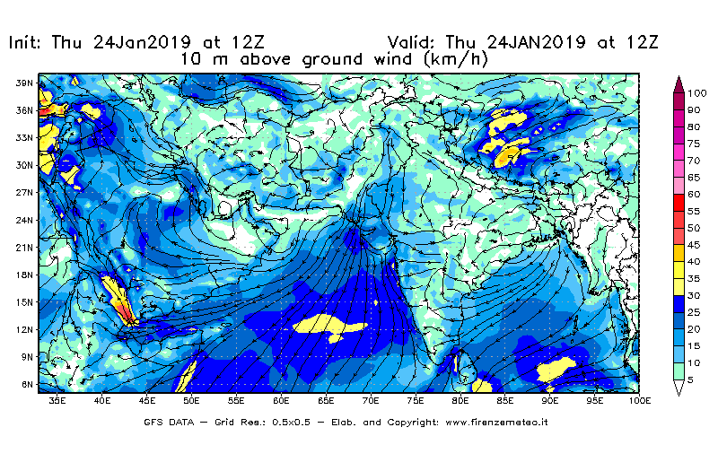 Mappa di analisi GFS - Velocità del vento a 10 metri dal suolo [km/h] in Asia Sud-Occidentale
									del 24/01/2019 12 <!--googleoff: index-->UTC<!--googleon: index-->