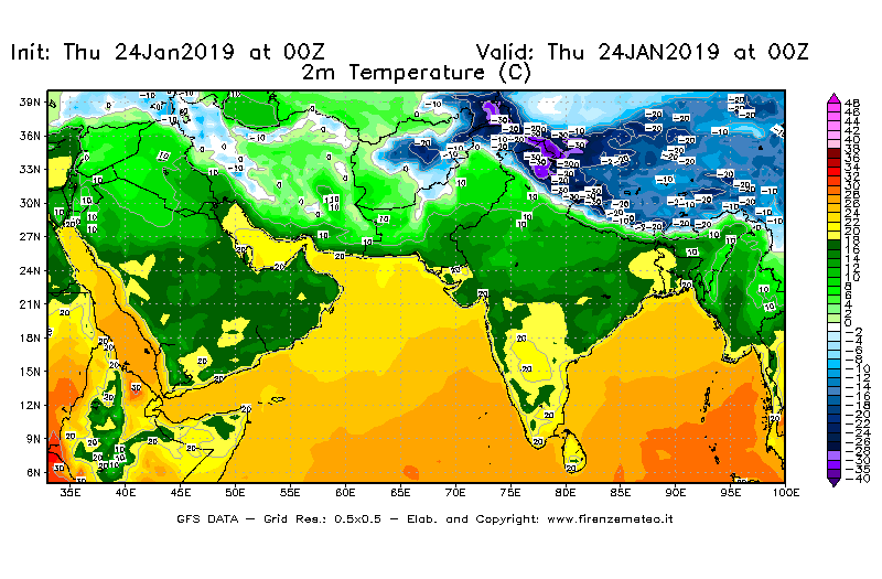 Mappa di analisi GFS - Temperatura a 2 metri dal suolo [°C] in Asia Sud-Occidentale
							del 24/01/2019 00 <!--googleoff: index-->UTC<!--googleon: index-->