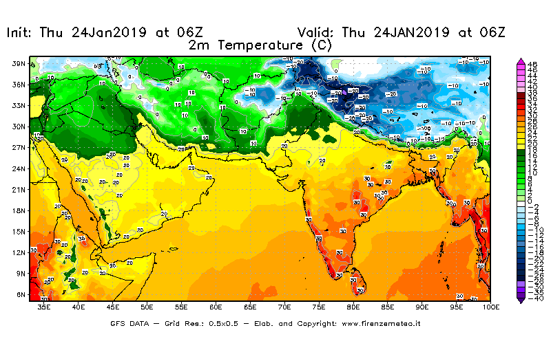Mappa di analisi GFS - Temperatura a 2 metri dal suolo [°C] in Asia Sud-Occidentale
							del 24/01/2019 06 <!--googleoff: index-->UTC<!--googleon: index-->