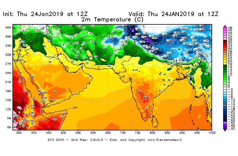 Mappa di analisi GFS - Temperatura a 2 metri dal suolo [°C] in Asia Sud-Occidentale
									del 24/01/2019 12 <!--googleoff: index-->UTC<!--googleon: index-->