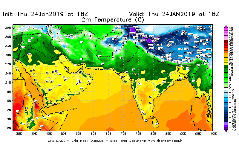 Mappa di analisi GFS - Temperatura a 2 metri dal suolo [°C] in Asia Sud-Occidentale
							del 24/01/2019 18 <!--googleoff: index-->UTC<!--googleon: index-->