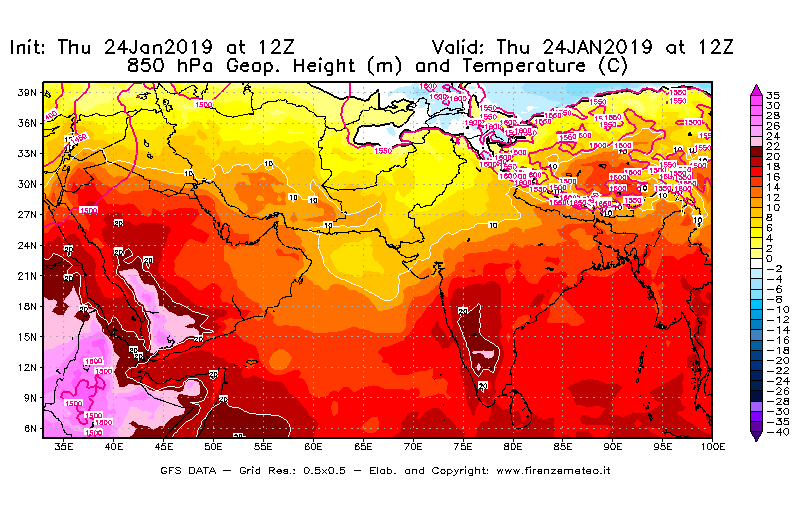 Mappa di analisi GFS - Geopotenziale [m] e Temperatura [°C] a 850 hPa in Asia Sud-Occidentale
							del 24/01/2019 12 <!--googleoff: index-->UTC<!--googleon: index-->