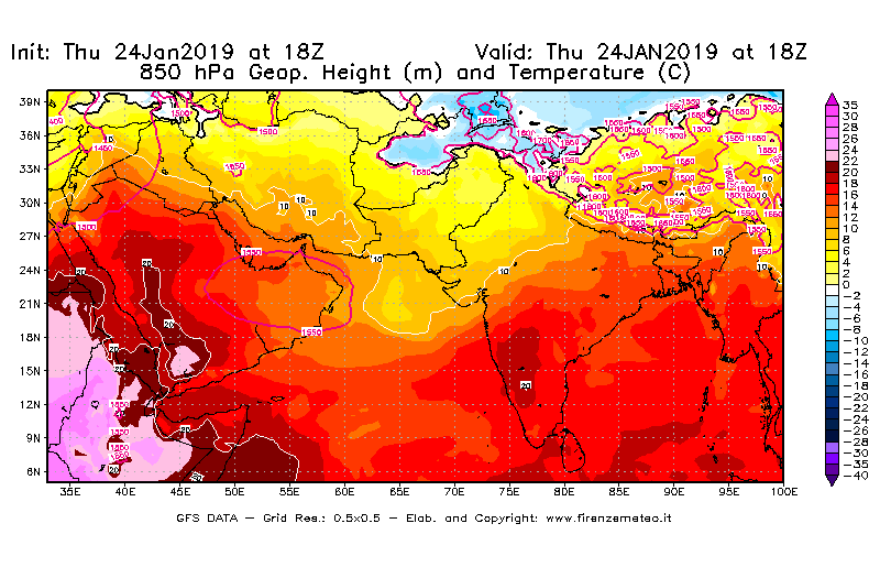 Mappa di analisi GFS - Geopotenziale [m] e Temperatura [°C] a 850 hPa in Asia Sud-Occidentale
									del 24/01/2019 18 <!--googleoff: index-->UTC<!--googleon: index-->