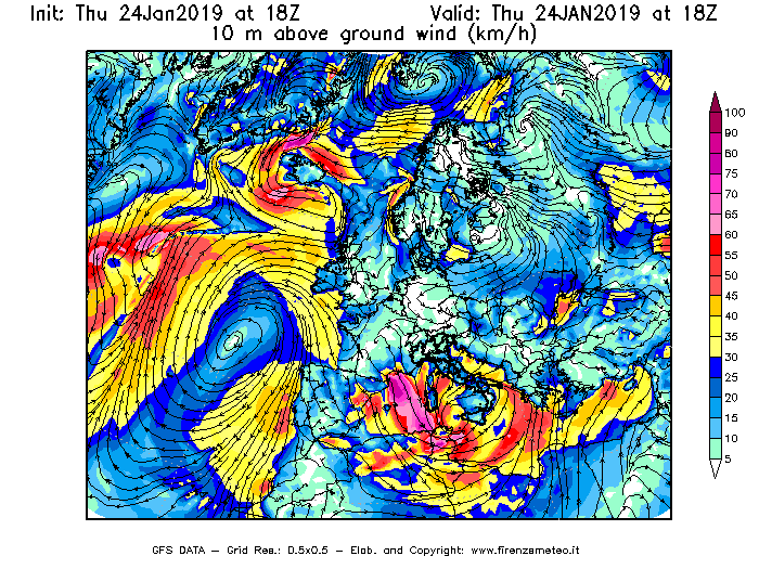 Mappa di analisi GFS - Velocità del vento a 10 metri dal suolo [km/h] in Europa
							del 24/01/2019 18 <!--googleoff: index-->UTC<!--googleon: index-->