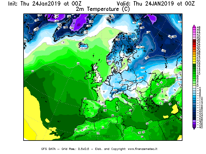 Mappa di analisi GFS - Temperatura a 2 metri dal suolo [°C] in Europa
									del 24/01/2019 00 <!--googleoff: index-->UTC<!--googleon: index-->