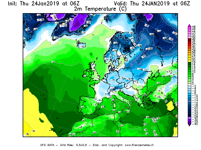 Mappa di analisi GFS - Temperatura a 2 metri dal suolo [°C] in Europa
									del 24/01/2019 06 <!--googleoff: index-->UTC<!--googleon: index-->