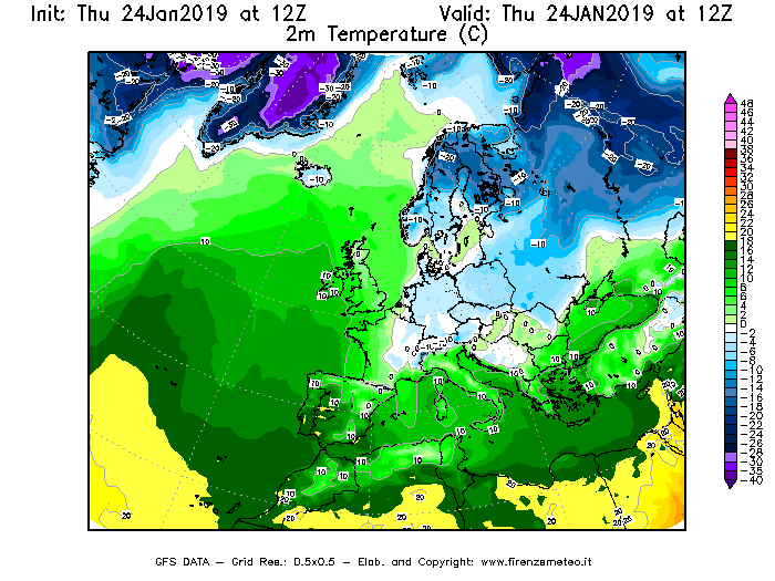 Mappa di analisi GFS - Temperatura a 2 metri dal suolo [°C] in Europa
							del 24/01/2019 12 <!--googleoff: index-->UTC<!--googleon: index-->