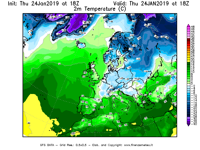 Mappa di analisi GFS - Temperatura a 2 metri dal suolo [°C] in Europa
							del 24/01/2019 18 <!--googleoff: index-->UTC<!--googleon: index-->