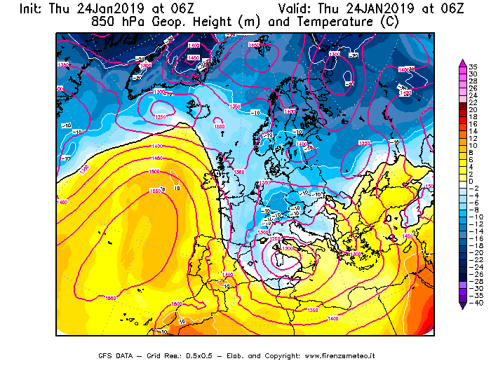 Mappa di analisi GFS - Geopotenziale [m] e Temperatura [°C] a 850 hPa in Europa
									del 24/01/2019 06 <!--googleoff: index-->UTC<!--googleon: index-->